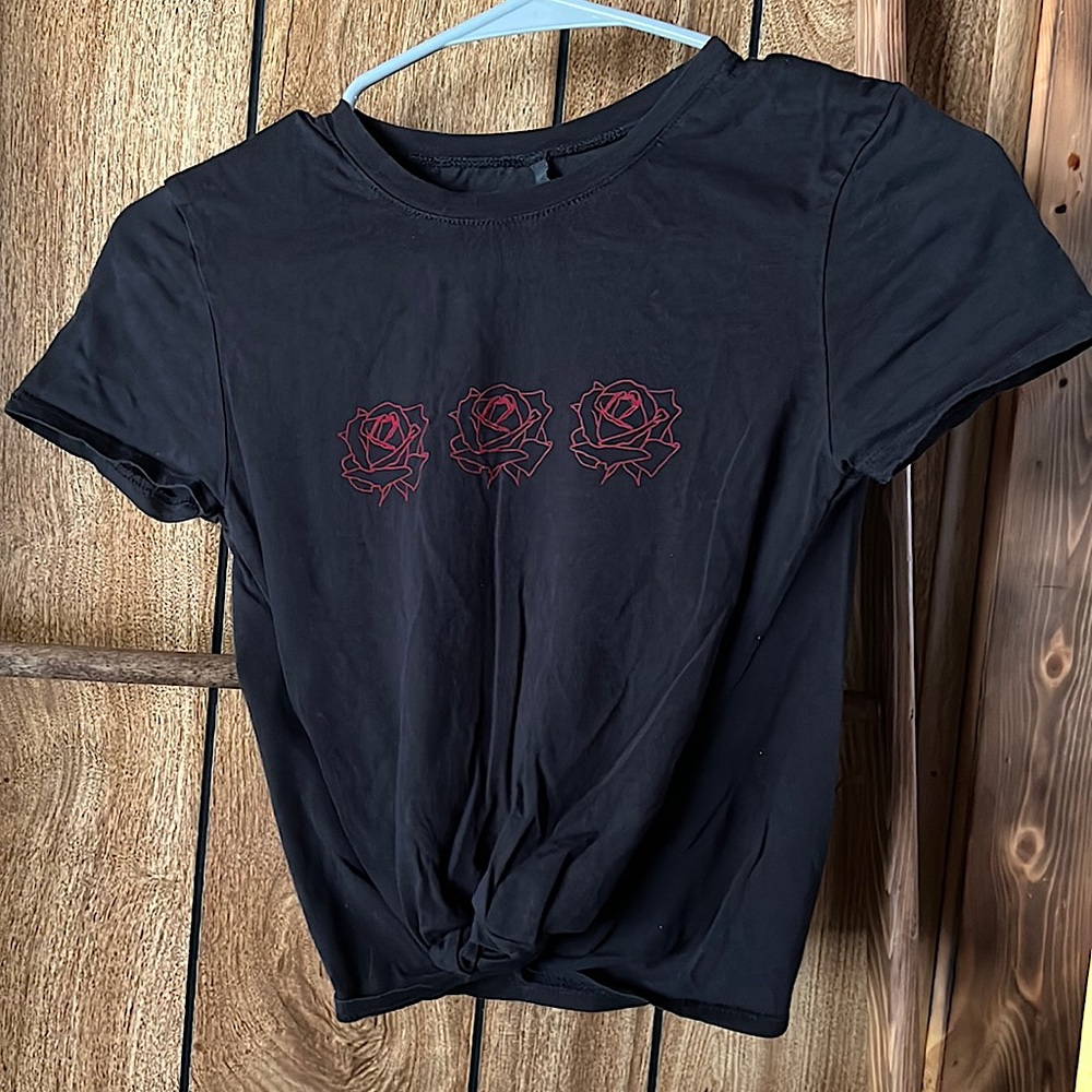 Empyre Black Tie Front Crop Top with Red Roses Size S